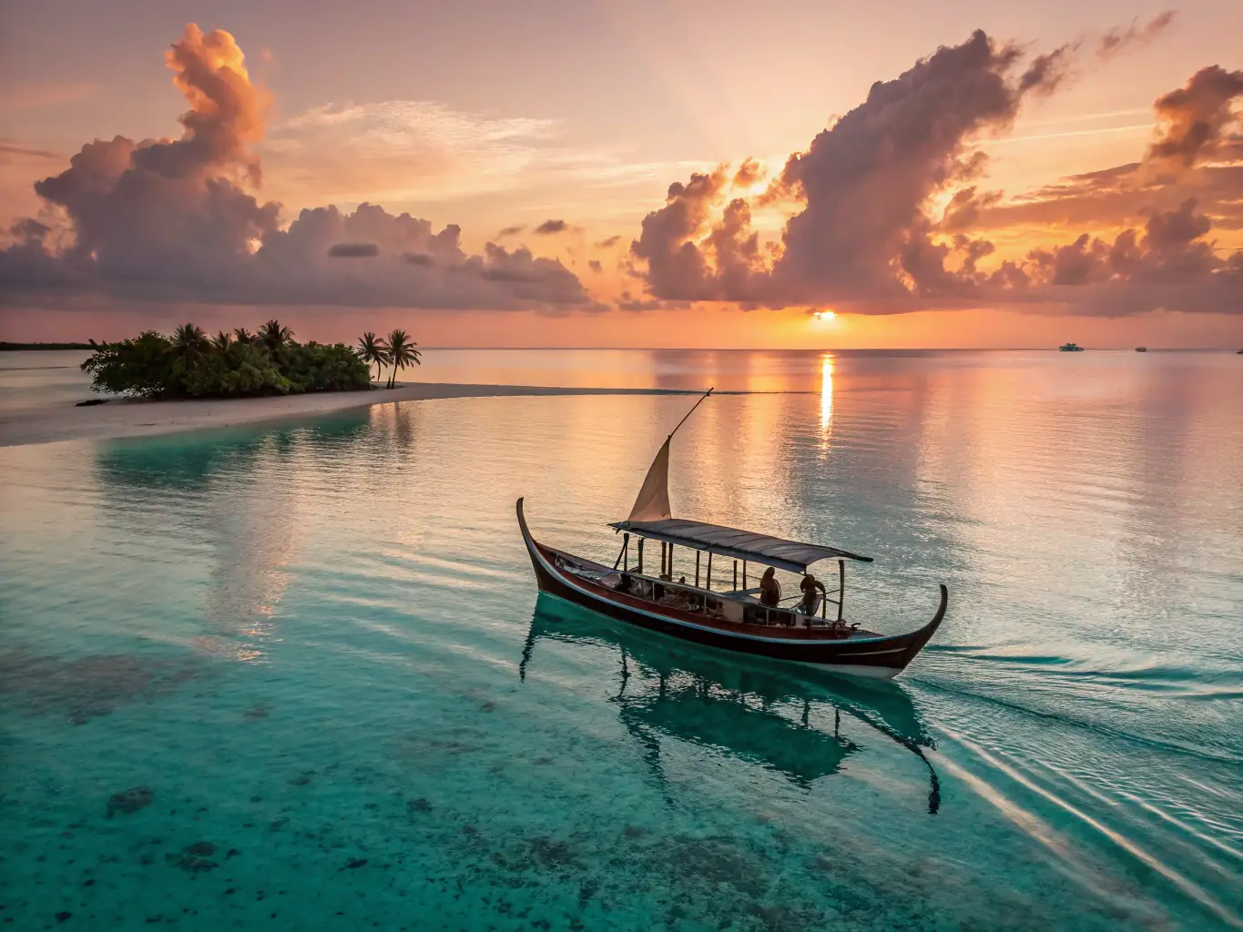 A serene image of a traditional Maldivian Dhoni boat sailing across a calm, turquoise lagoon at sunset. This represents the 'Sunset Cruise' tour.