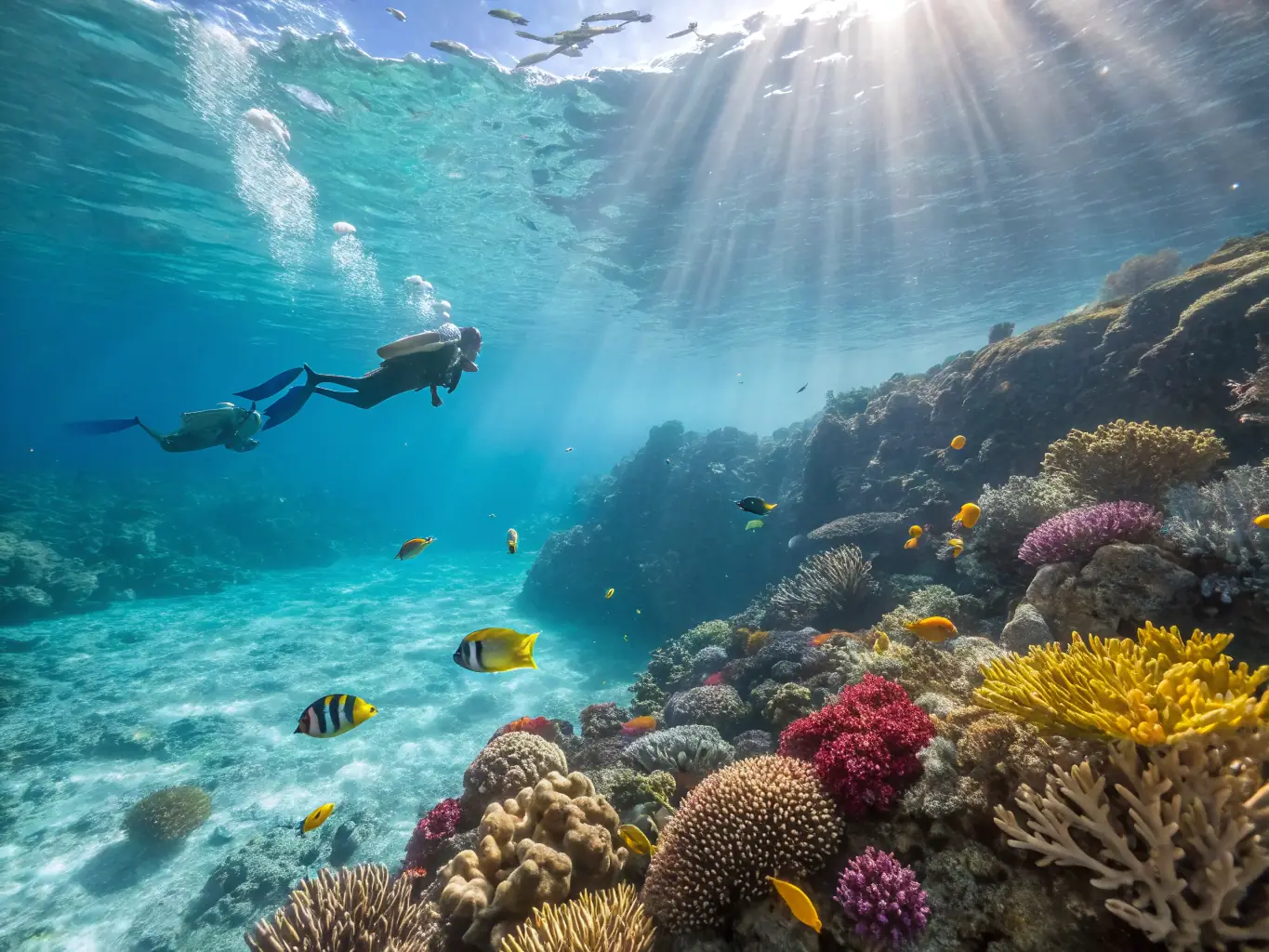 A vibrant photo of a group snorkeling in the clear turquoise waters of the Maldives, surrounded by colorful coral reefs and exotic fish. This image represents the 'Underwater Adventure' tour.