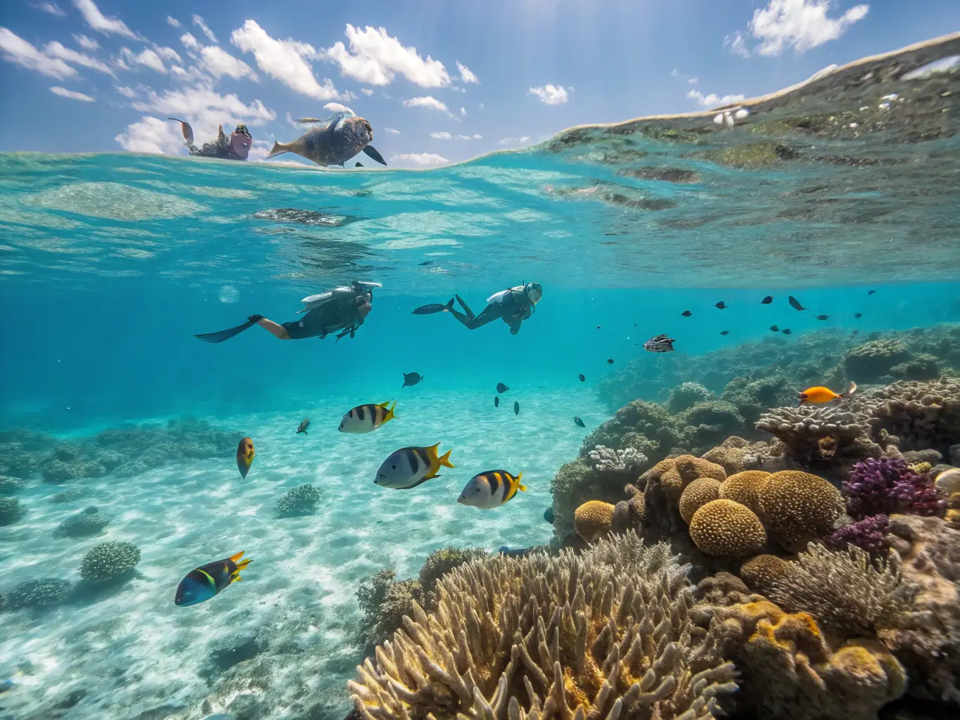 A vibrant image showcasing a group of tourists snorkeling in the crystal-clear waters of the Maldives, surrounded by colorful coral reefs and exotic fish. The scene captures the excitement and beauty of underwater exploration during an island tour.